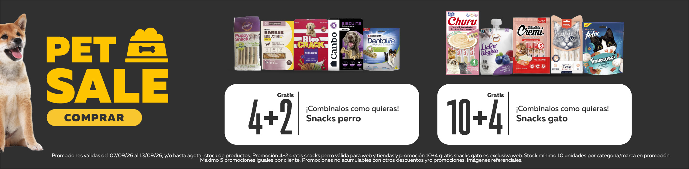 4+1 y 10+4 en snacks para perro y gato
