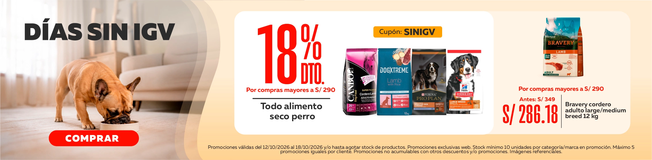 Por compras mayores a s/290, 18% de descuento en alimento seco perro