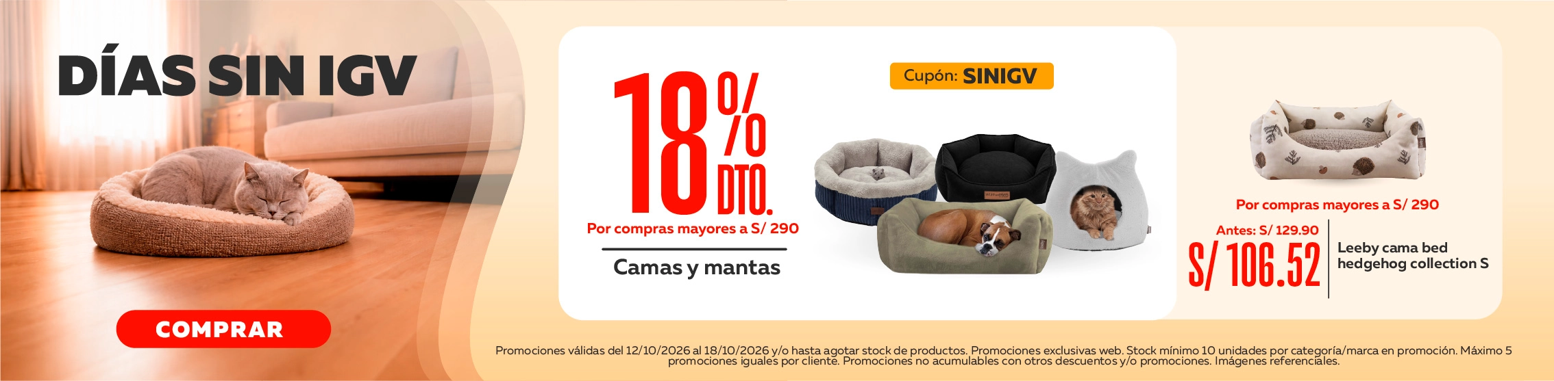 Por compras mayores a s/290, 18% de descuento en camas y mantas