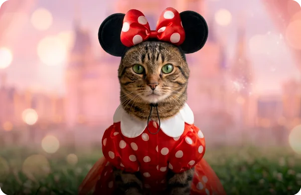 Gata atigrada con disfraz de Minnie Mouse, moño rojo de lunares y vestido