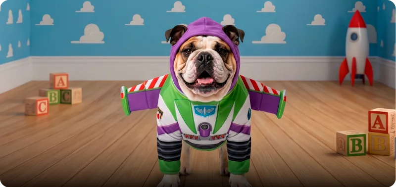 Bulldog inglés con disfraz de Buzz Lightyear de Toy Story en una habitación con nubes