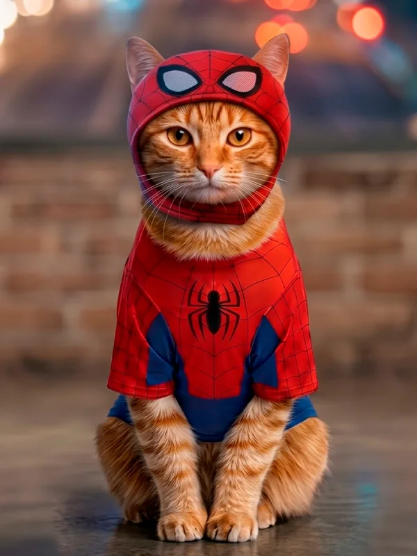 Gato naranja con disfraz de Spiderman