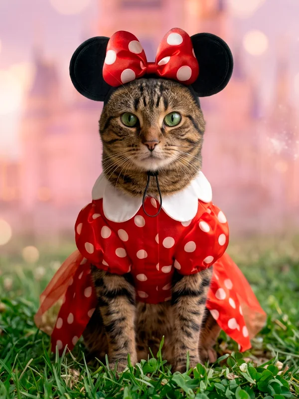 Gata atigrada con disfraz de Minnie Mouse sobre el pasto