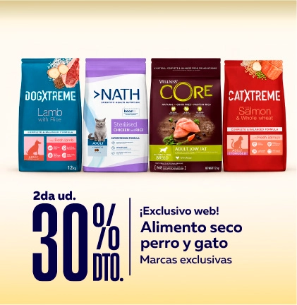 Juguetes ¡Exclusivo web! 30% de descuento en la segunda unidad de alimento seco, marcas exclusivas
