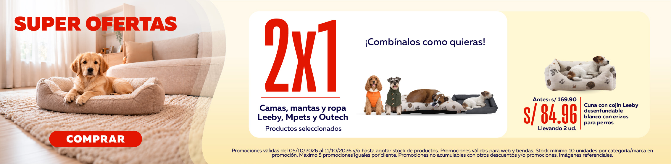 2x1 en camas y ropa; Mpets, Leeby y Outech