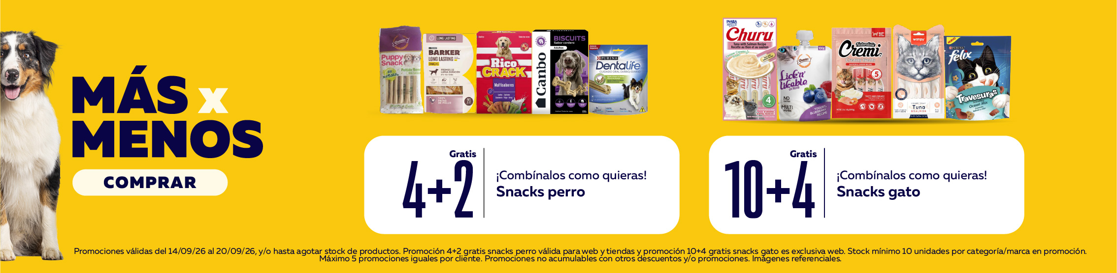 10+4 y 4+2 en todo snacks para perro y gato