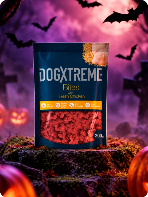 Dogxtreme Bites with Fresh Chicken 200 g en escenario de Halloween