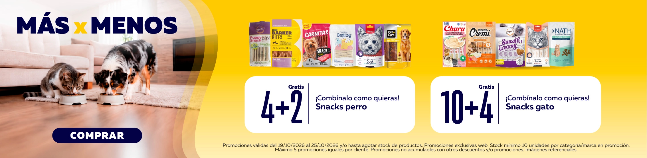 10+4 y 4+2 en todo snacks para perro y gato