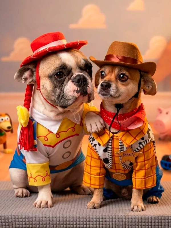 Dos perros disfrazados de Jessie y Woody de Toy Story