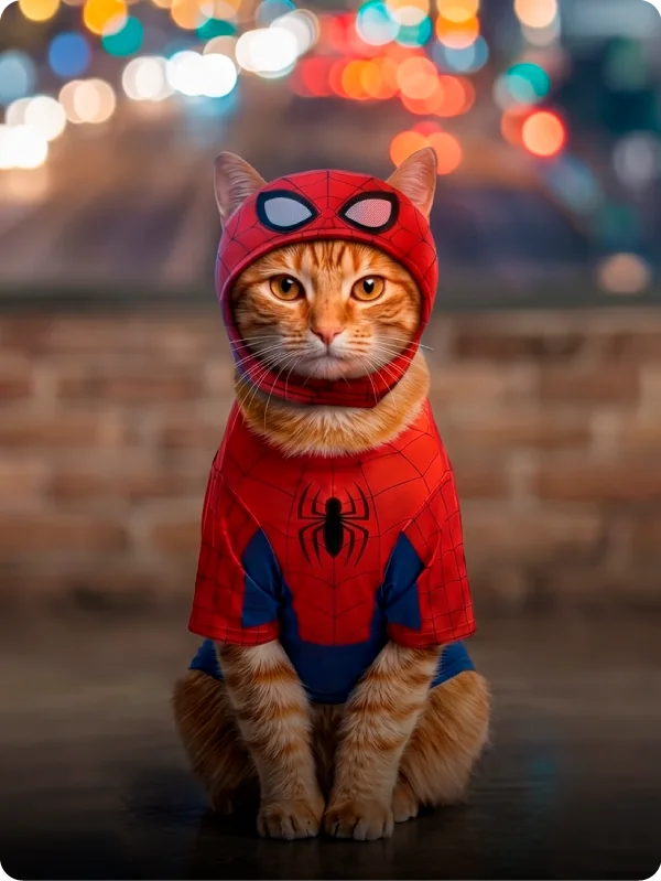 Gato naranja con disfraz de Spiderman sentado en una calle iluminada