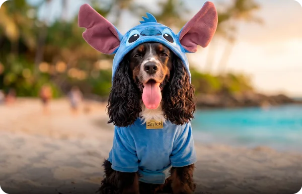 Perro cocker spaniel con disfraz de Stitch en una playa tropical
