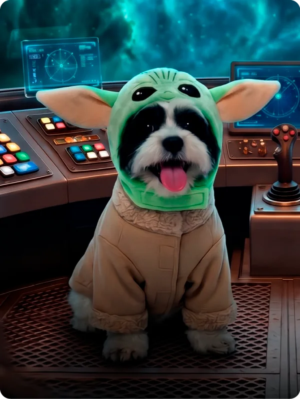 Perrito blanco y negro con disfraz de Star Wars Mandalorian en la cabina de una nave espacial