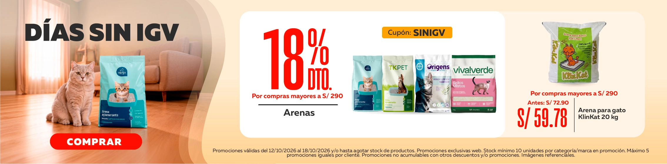 Por compras mayores a s/290, 18% de descuento en arenas para gato