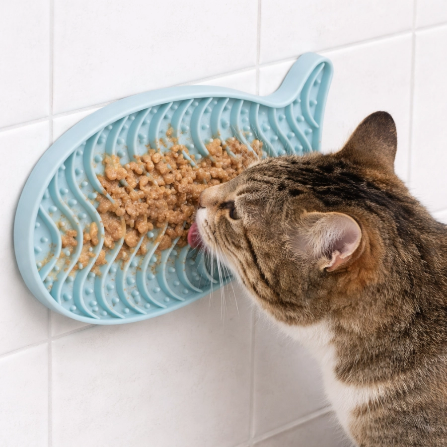 Gato lamiendo comida húmeda del tapete interactivo Leeby