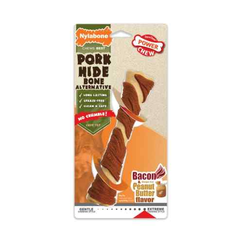 Nylabone Hueso Power Chew Porkhide, Sabor Tocino & Mantequilla De Maní L, , large image number null