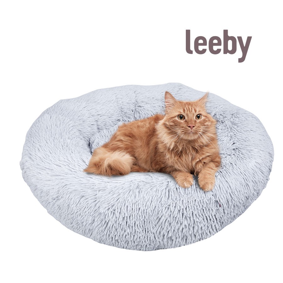 Leeby Cama Redonda Antiestrés de Pelo Gris para gatos